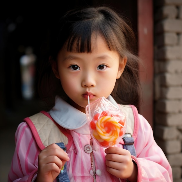 Little Asian girl eating a lollipop