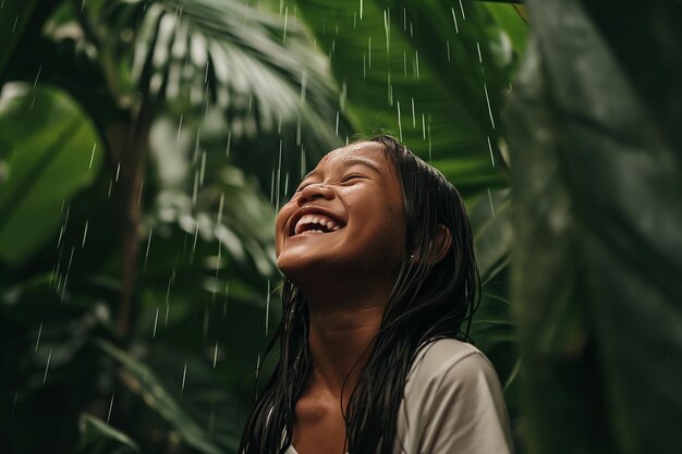 小さなアジアの女の子が熱帯雨を楽しみながら雨の滴に顔を露呈しました