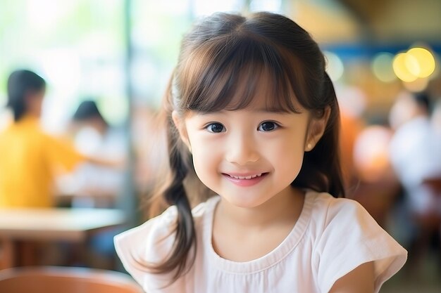 A little asian girl is smiling at the camera