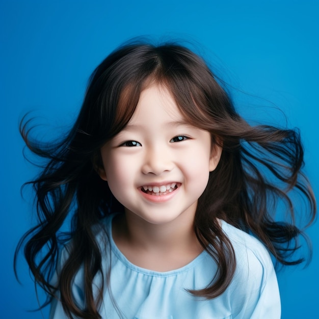 Маленькая азиатка со смеющимся выражением лица позирует для фото.