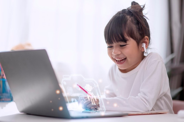 Little asian girls remotely learn online at home by coding\
robot cars in stem steam mathematics engineering science technology\
computer code in robotics for kids concept