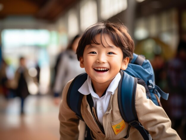 A little Asian schoolboy radiating joy through their smile