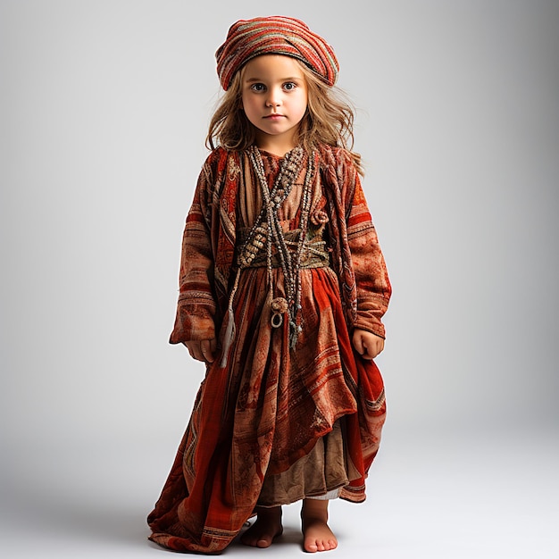 Little asian Turkmen girl in vintage retro national clothes portrait closeup on white