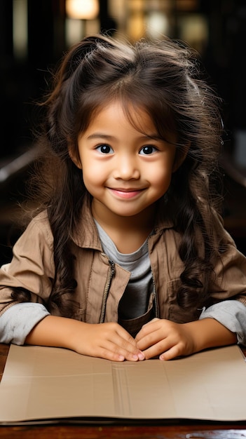 Little asian Vietnamese child sitting and folding his arms on a wooden table