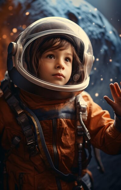 Photo little astronaut girl looking at the stars