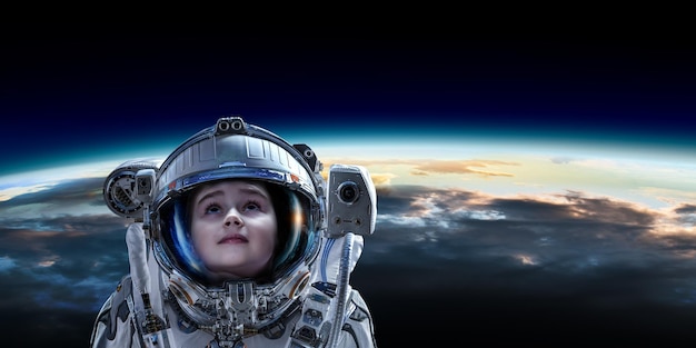 Little astronaut in space, planet orbit