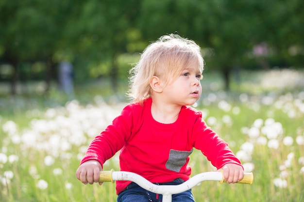 Little baby on a bicycle on a green meadow