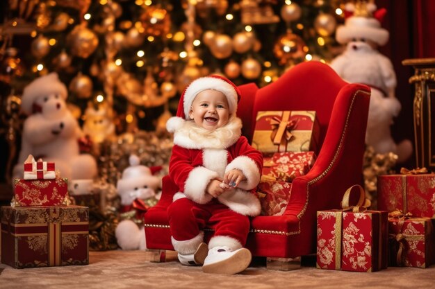 Little baby boy in Christmas suit like a white rabbit playing with present box sitti Generative AI