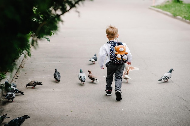 Little baby boy running back on the background pigeons on nature on the street in town full length back Baby want to disperse a lot of pigeons flying close up