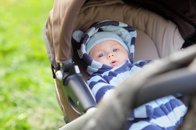 Little baby boy in stroller outdoors