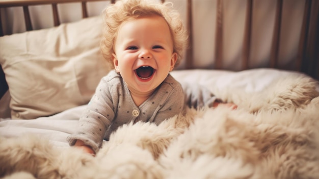 Photo little baby child smiling in bed playing adorable happy kid cute toddler