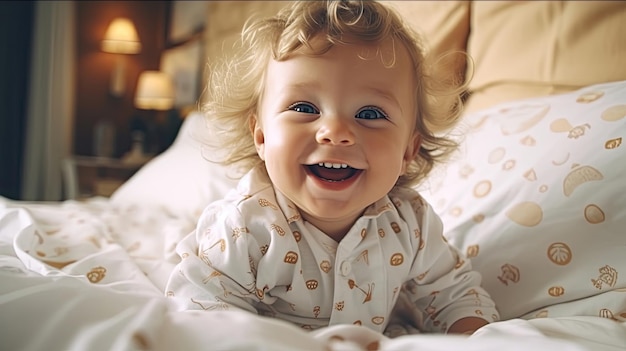 Little baby Child Smiling in Bed Playing Adorable Happy Kid Cute Toddler