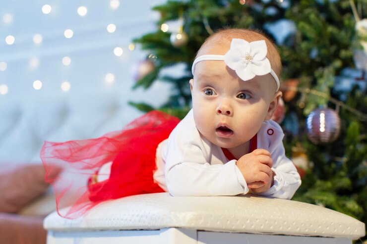 Little baby at Christmas. Three-month-old girl against the background of the Christmas tree decoration.