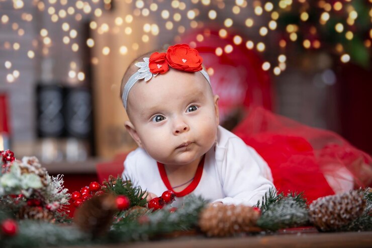 Little baby at Christmas. Three-month-old girl against the background of the Christmas tree decoration.