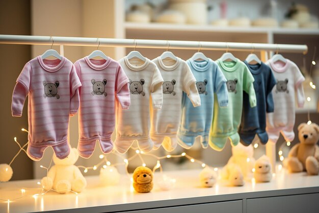 Little baby clothes hanging in a row