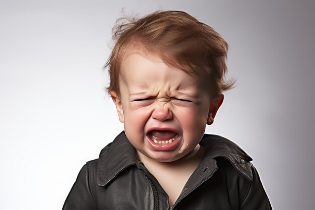 Little baby crying and being angry in a white background