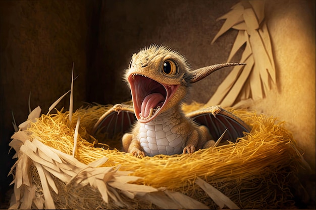 Little baby cute dragon with open mouth in hay generative ai