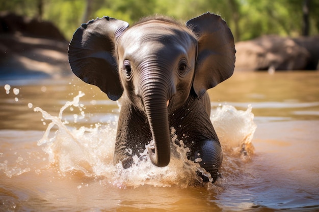 작은 아기 코끼리는 물에  ⁇ 어서 즐겁게 들어갑니다.