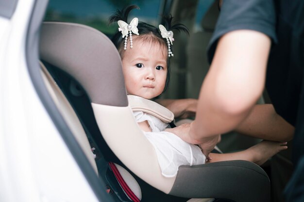 Photo little baby fastened with security belt in safety car seat toddler girl buckled into her car seat adorable little girl sitting in car image of safety before drive car