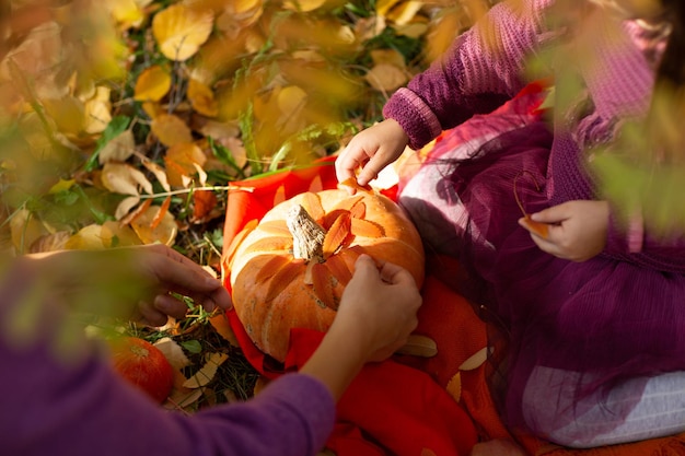 Little baby girl in autumn park walking