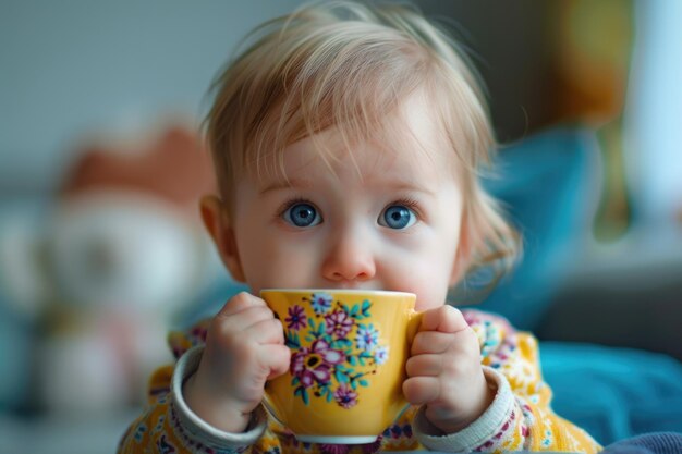 小さな女の子がカップの中を見ます