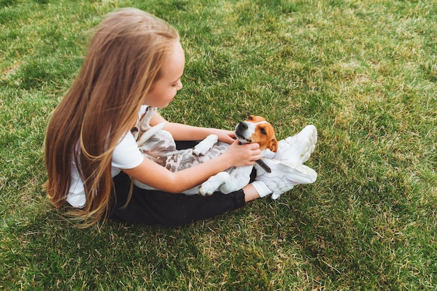 A little baby girl scratches the belly of her Jack Russell Terrier dog A happy dog is lying on the green grass in the park a pet