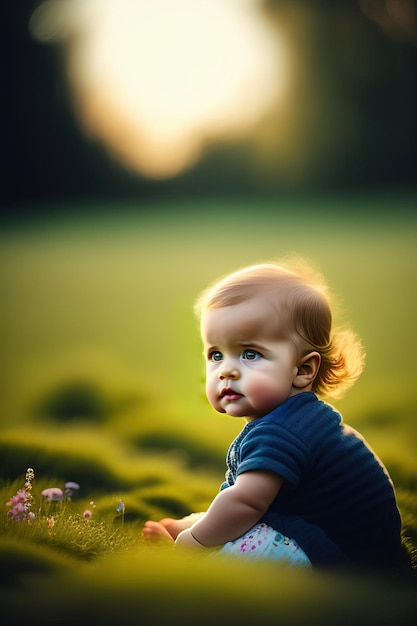 草の中に座っている小さな女の赤ちゃん