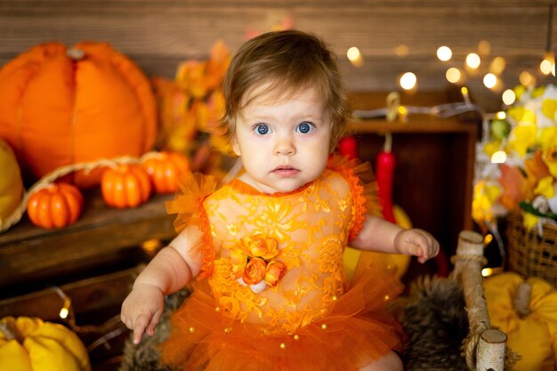 Little baby girl sitting with pumpkins in a bright orange dress on a brown background, halloween