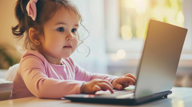 Little baby girl using laptop at home or in class