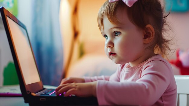 Little baby girl using laptop at home or in class