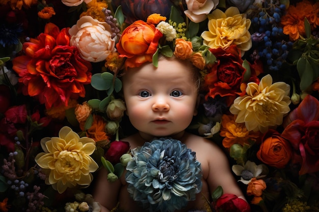 Little baby girl was wrapped in white cream yarn with tiny bows Lying in a basket decorated with beige fabrics and flowers