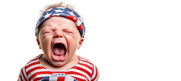 Photo little baby infant boy wrapped in usa flag laying on white backgroundgenerative ai