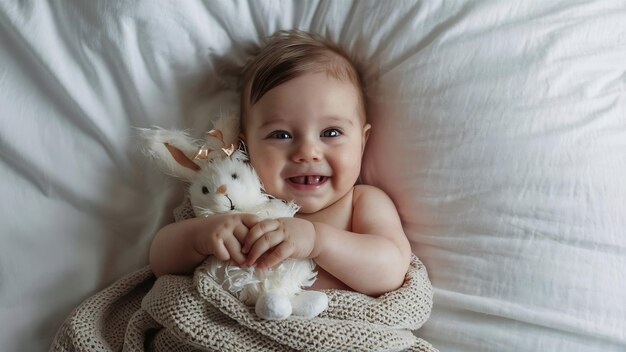 A little baby lays on a bed with a toy rabbit and smiles