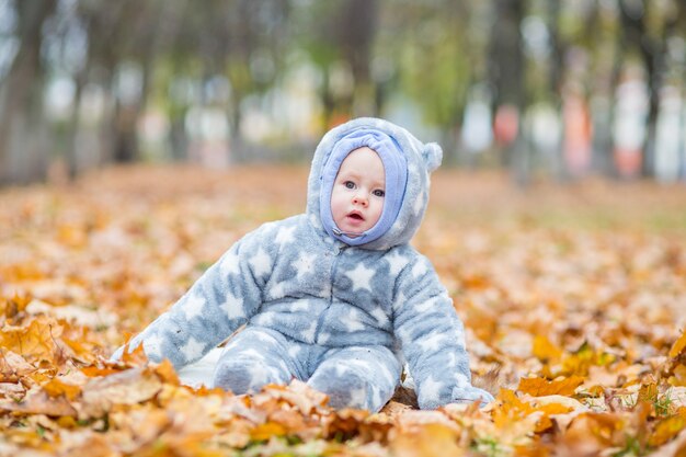 Little baby plays in autumn park Little girl with oak and maple leaf Fall foliage