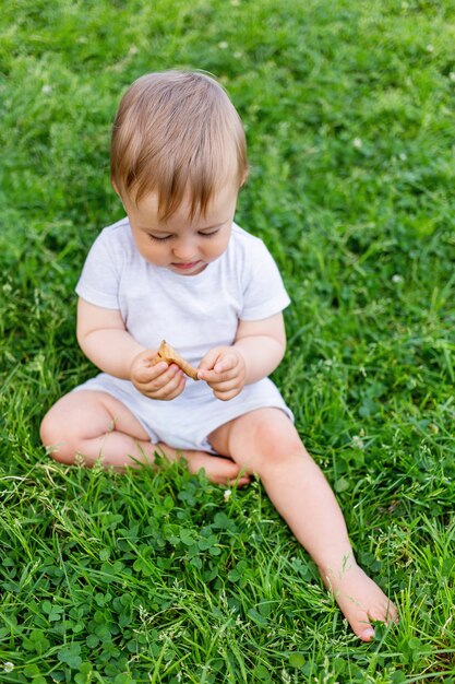 Little baby sitting on grass. Kid is staring on fallen leaf. Outdoor activity for kid. 