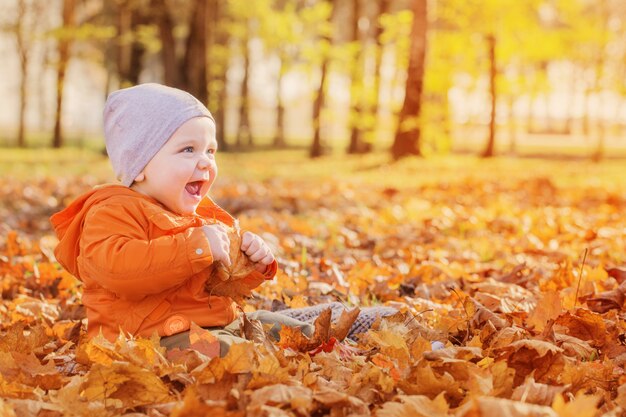 Little baby in sunny autumn park