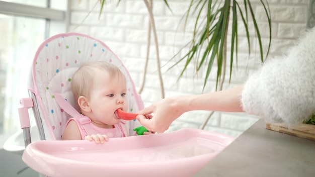 Little baby tasting red pepper Mother feeding baby healthy food