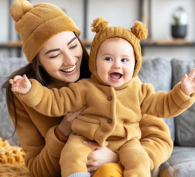 Photo little baby in teddy bear costume with mom mothers day banner