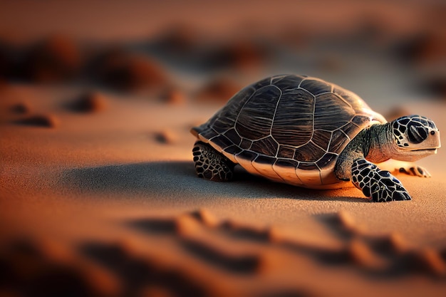 Piccola tartaruga striscia lungo la spiaggia sabbiosa verso l'oceano nuova vita 3d illustrazione raster