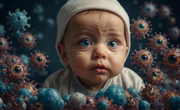 Маленький ребенок среди вирусов Концепция иммунизации детей Ребенок с белой шляпой и голубым глазом