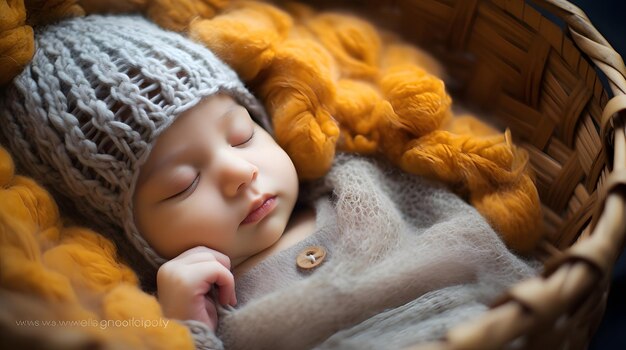 Little baby wearing a knitted hat sleeping in a basket