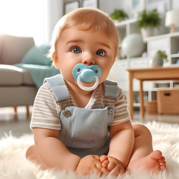 little baby with pacifier on carpet at home closeup