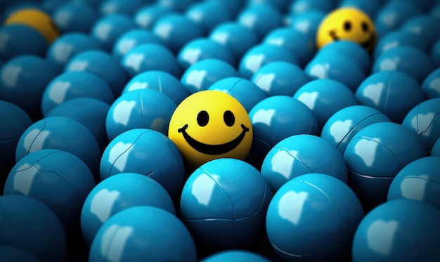 Little ball with a happy face in the middle of many little balls Generative AI