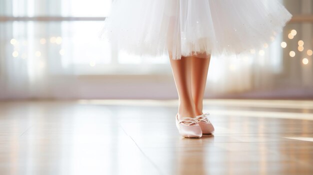 Little ballerina legs in pink dance shoes and tutu Light festive background Copy space Generative AI