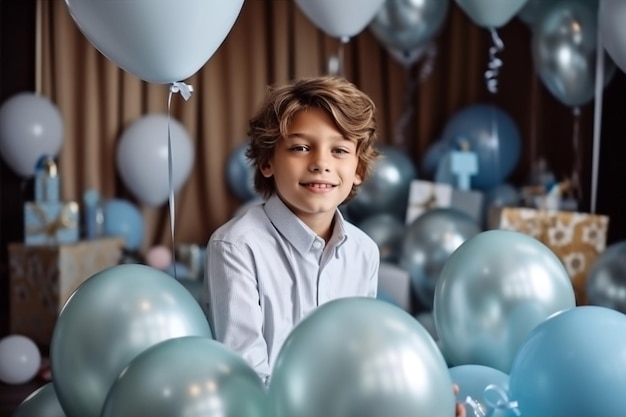 Little balloon childhood birthday kid blue children party boy cute Generative AI