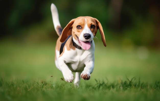 Little beagle in collar running on green on blurred background Generative AI