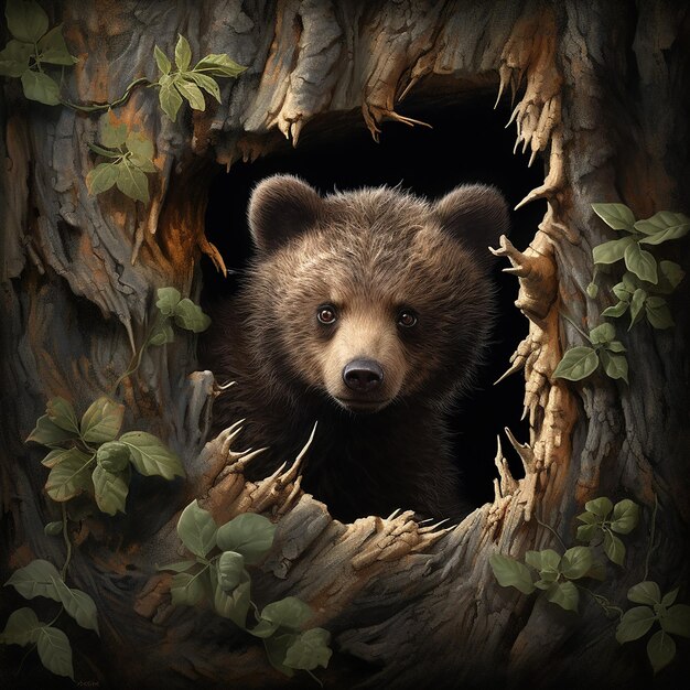 Photo little bear cub peeking out from a hole