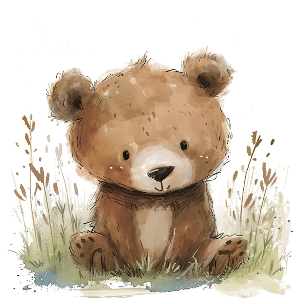 Little bear cub in style watercolor cute white background