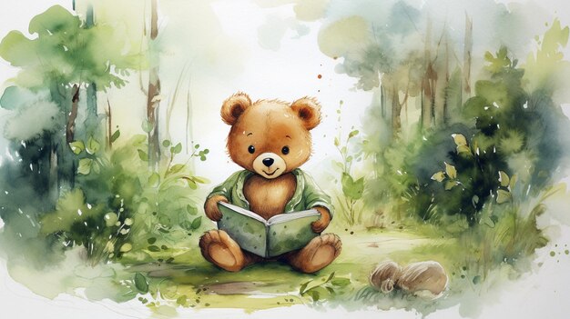 白い背景の上の森で水彩画の緑の葉で本を読む小さなクマ