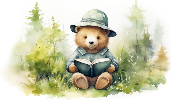 little bear reading a book with watercolor painting green leaves in forest on white background